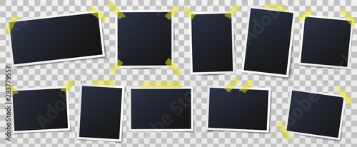 Photo frame on sticky tape. Photos on adhesive tapes, picture frames and vintage photo wall template. Framed picture card, retro hipster snapshots. Isolated vector illustration icons set