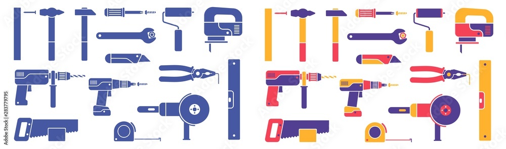 Hand-held working tools - set of icons. Colorful and monochrome silhouettes. Vector illustration. - obrazy, fototapety, plakaty 