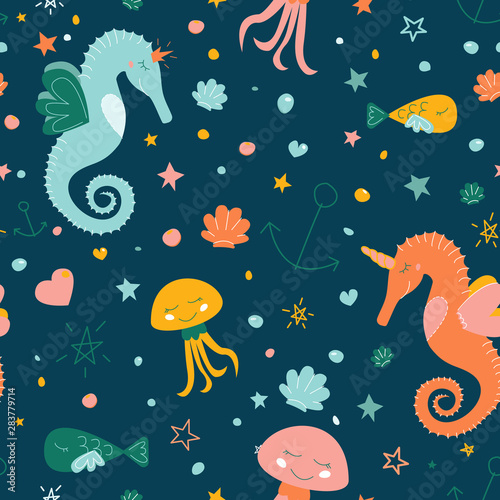 Cute unicorn seahorse pastel seamless vector pattern or wrapping paper, textile print, wallpaper, kids clothes. . Sea inhabitants: horsefishes unicorn and princess, jelly fish and fish and some elemen