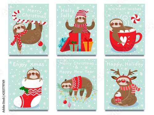 Merry Christmas lazy sloth. Happy New Year cute lazybones, xmas laziness and winter holidays greeting card. 2020 party invitation postcard, sloth character poster vector illustration