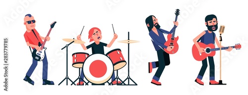 Rock band musicians with instruments in different poses. Vector isolated illustration.