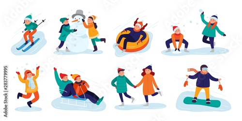 Winter kids activities. Snow games, smiling little girls and boys in winters clothes fun outdoors. Christmas holidays activity, making snowman or skiing. Isolated vector illustration icons set