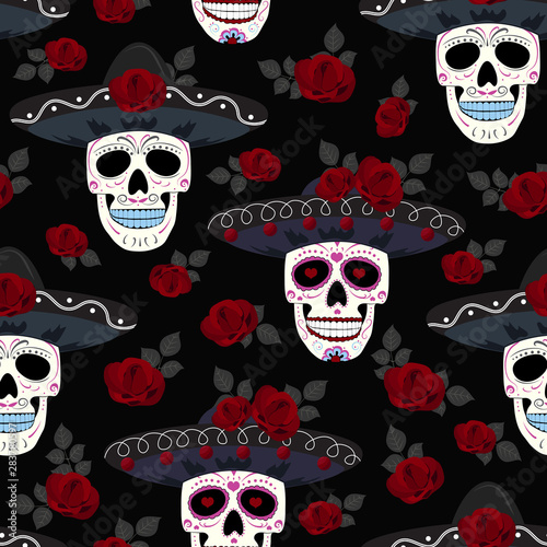 Day of the Dead skull with floral ornament and roses seamless pattern on black background. Dia De Los Muertos celebration pattern background. vector illustration