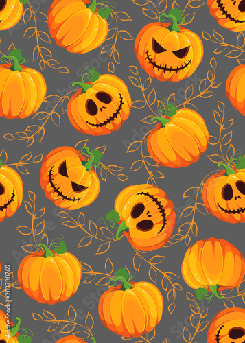 Halloween pumpkin seamless pattern on gray background with vine leaves. Cute halloween pumpkin pattern background. Halloween theme design vector illustration