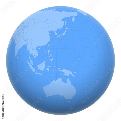 Palau on the globe. Earth centered at the location of the Republic of Palau. Map of Palau. Includes layer with capital cities.