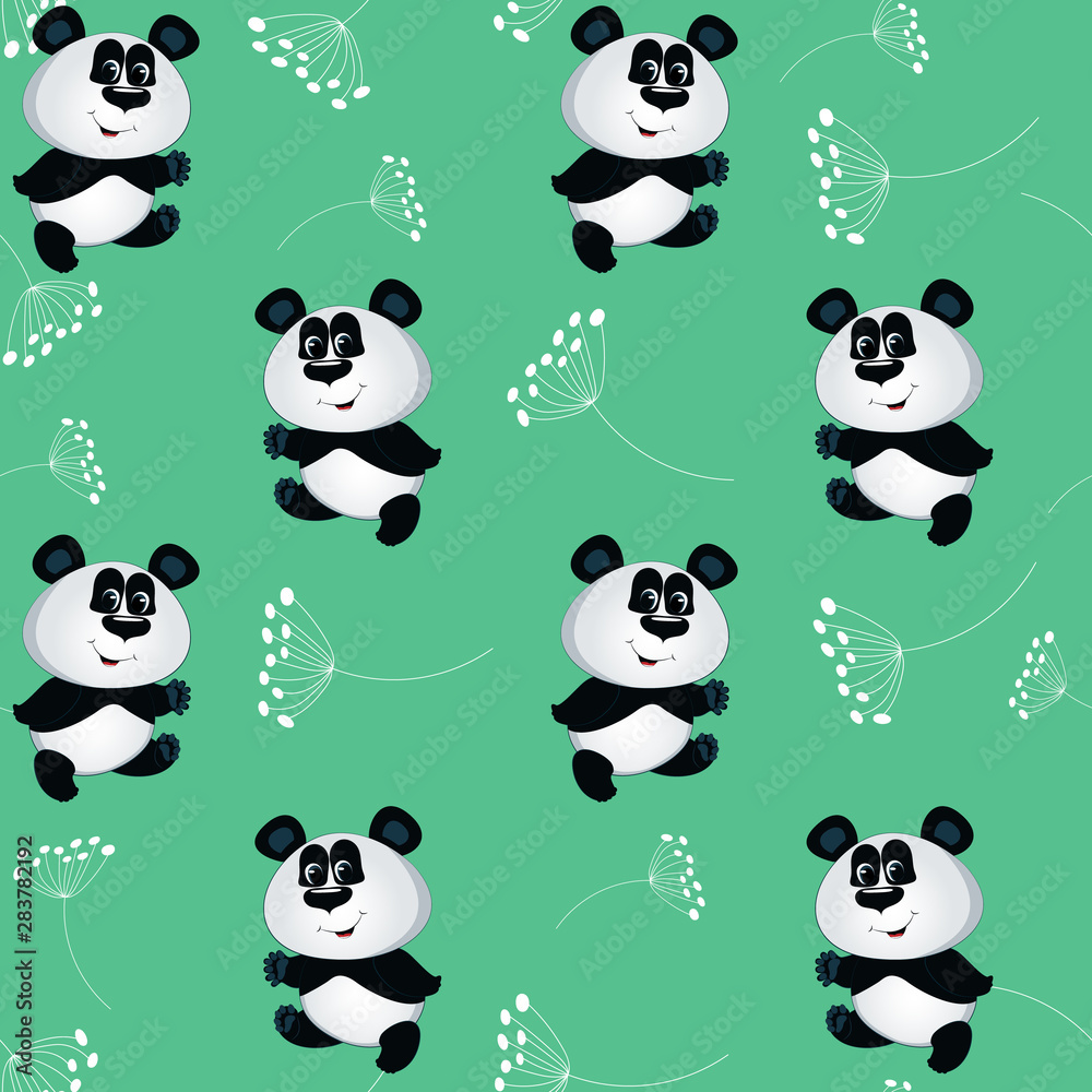 Childish seamless pattern with panda on a green background with white flowers. Childish seamless pattern with panda on a green background with white flowers.