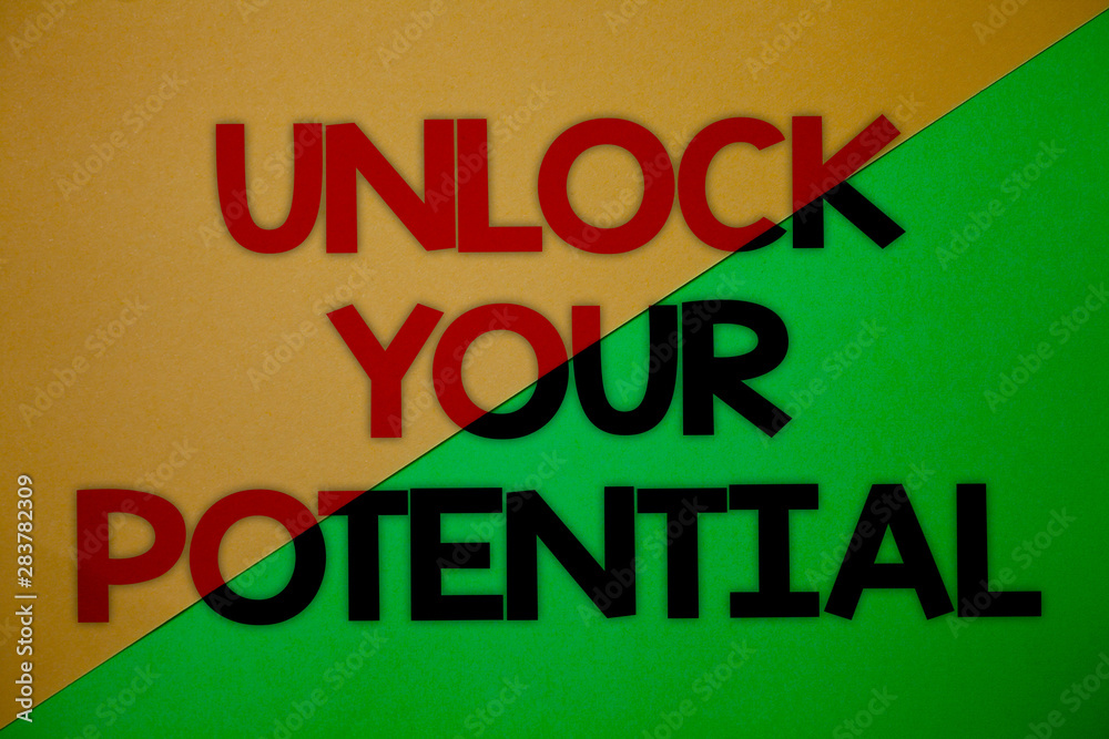 Fototapeta premium Text sign showing Unlock Your Potential. Conceptual photo access your true skills and powers Believe in yourself Yellow green split background message thoughts important information