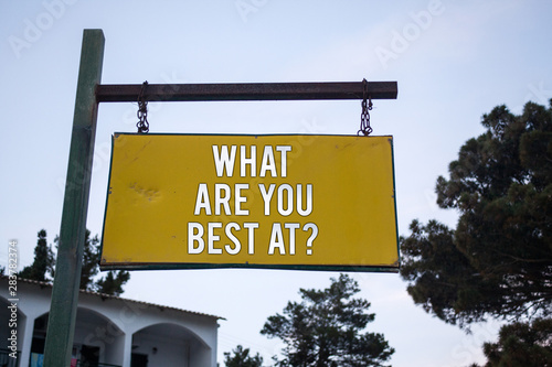 Word writing text What Are You Best At Question. Business concept for Individual creativity is a unique capability Wooden board hang hanging post ideas messages feelings trees blue sky photo