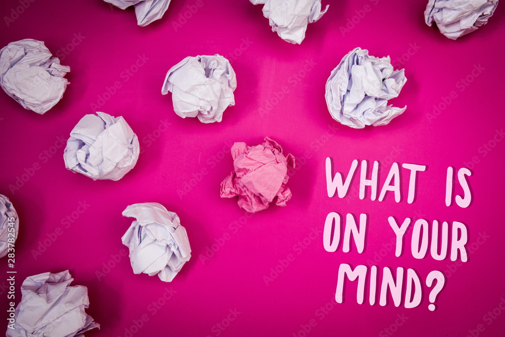 Conceptual hand writing showing What Is On Your Mind Question. Business photo text Open minded thinks of intellectual innovation Ideas pink background crumpled papers trial mistakes several tries Conceptual hand writing showing What Is On Your Mind Question. Business photo text Open minded thinks of intellectual innovation Ideas pink background crumpled papers trial mistakes several tries