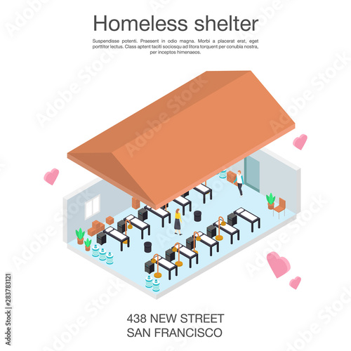 Homeless shelter volunteer concept banner. Isometric illustration of homeless shelter volunteer vector concept banner for web design