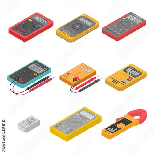 Multimeter icons set. Isometric set of multimeter vector icons for web design isolated on white background