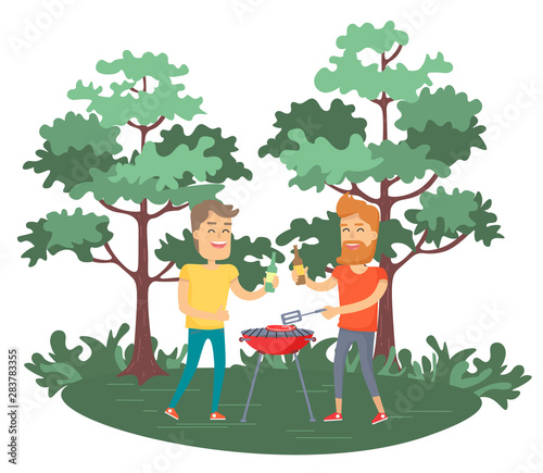Friends men frying meat on grill, picnic in forest or park. Portrait view of smiling males characters cooking and drinking outdoor, leisure vector