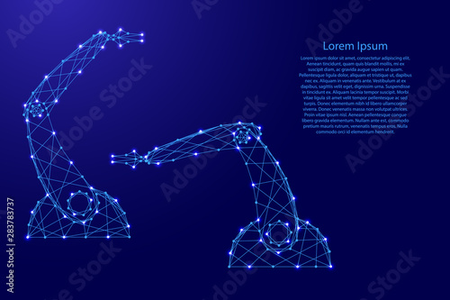 The hands of manipulators of the robot from futuristic polygonal blue lines and glowing stars for banner, poster, greeting card. Vector illustration.