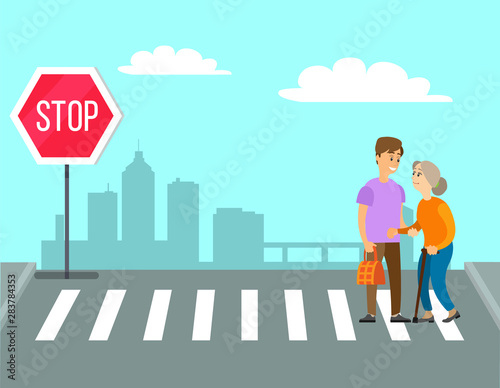 Volunteer helping granny to cross road on pedestrian crossing or crosswalk. Man carries old woman bag Vector cartoon person helps in charity volunteering