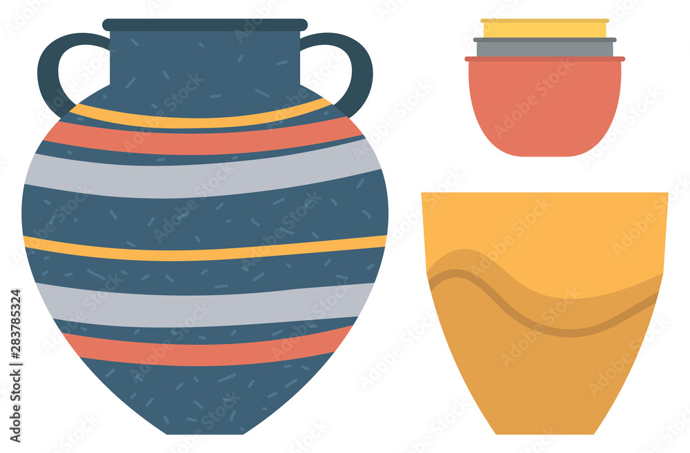 Pottery kitchenware, vase, clay bowls and flower pot isolated on white. Vector striped crockery container, ancient archaeological finds, ceramics