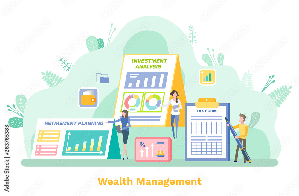 Banking system vector, people working with accounts, wealth management. Clipboard with flowcharts and infocharts. Statistics of bank system flat style