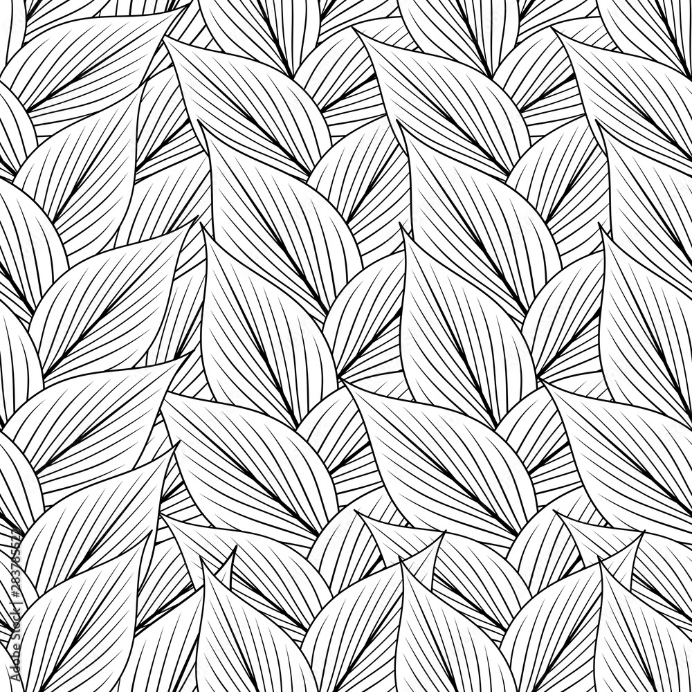 Fototapeta Seamless pattern with contour lines of tropical leaves on a white background.