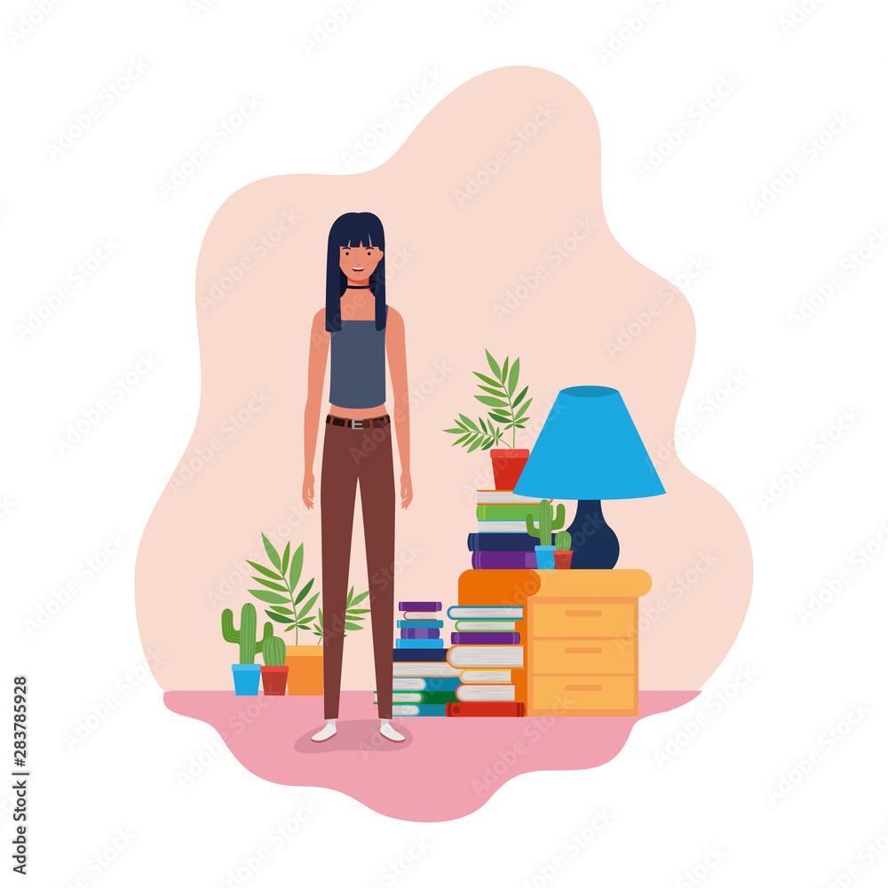 woman standing with bookshelf of wooden and books woman standing with bookshelf of wooden and books