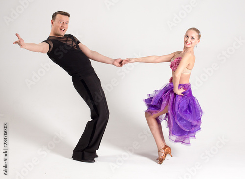 Ballroom dancing Latin Samba, purple dress, black pants