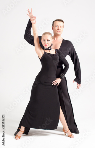 ballroom dancing black dress white background, rumba