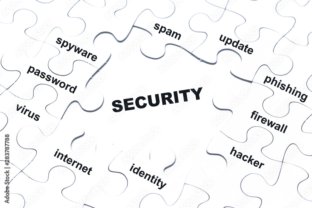 Security white puzzle pieces assembled Security white puzzle pieces assembled