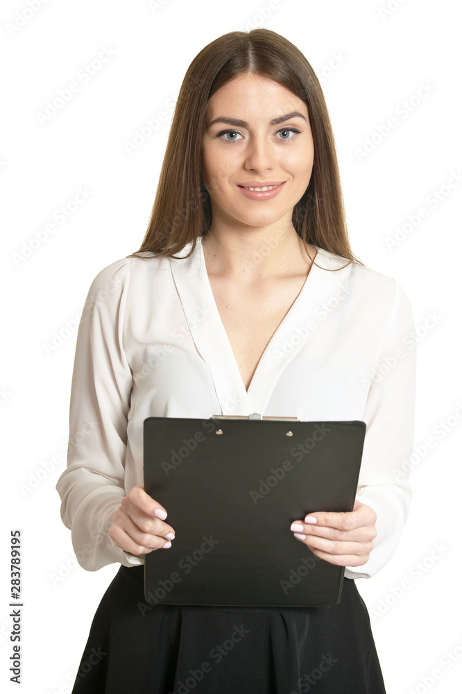 Woman with clipboard isolated on white background Woman with clipboard isolated on white background