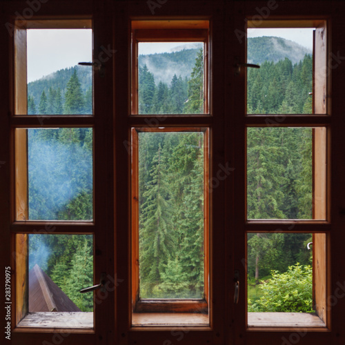 Wooden window behind which a mountain forest is visible.