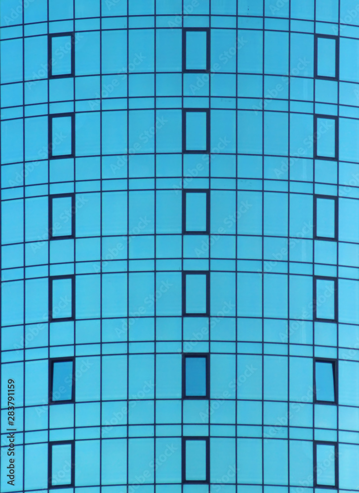 Blue glass wall building exterior.