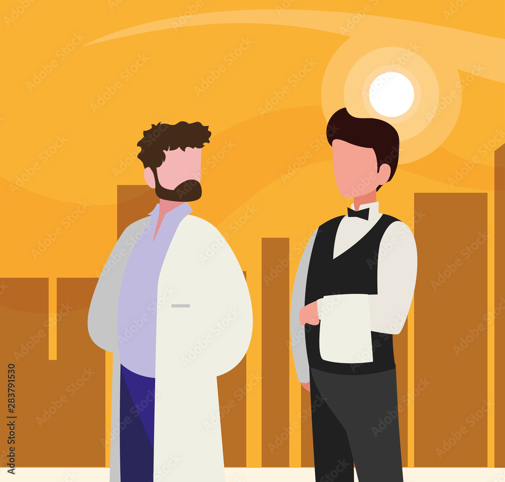 Obraz premium couple of professional workers in cityscape at sunset
