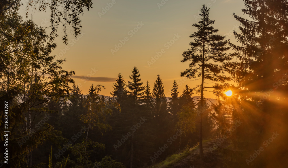 Sunrise in forest over Rotava town in Krusne mountains