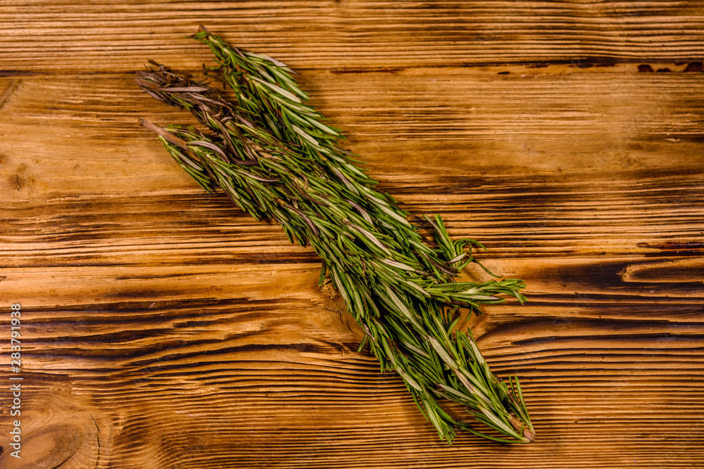 Stem of the rosemary on wooden table. Top view Stem of the rosemary on wooden table. Top view