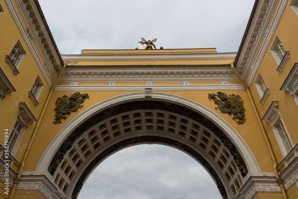 Triumphal arch of the General Staff Building on Palace Square in St. Petersburg, Russia in overcast day. Bottom view. Built in 1819-1829.
