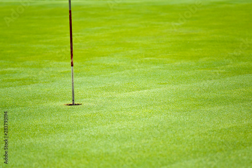 Golf hole in a green grass field background