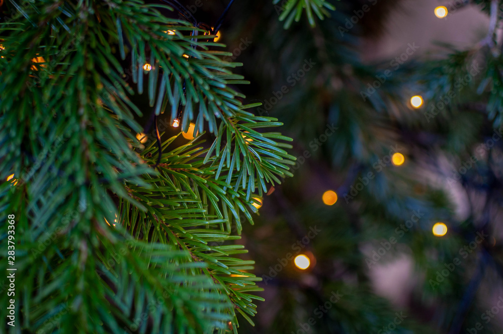 Christmas tree close-up with colorful lights on a background. Shallow depth of field.