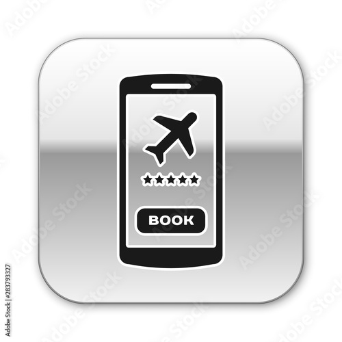 Black Smartphone with electronic boarding pass airline ticket icon isolated on white background. Passenger plane mobile ticket for web and app. Silver square button. Vector Illustration