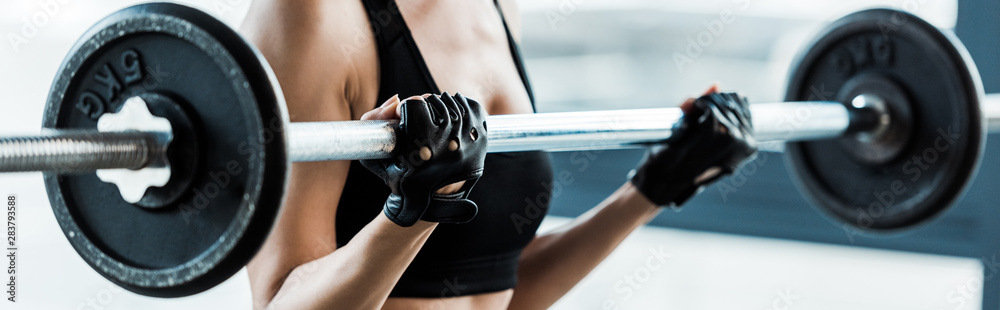panoramic shot of woman working out with barbell in gym - obrazy, fototapety, plakaty 