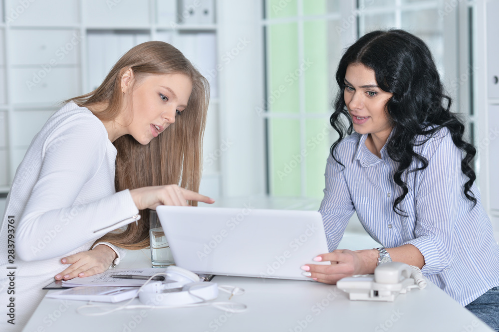 Portrait of two young women working at office with laptop Portrait of two young women working at office with laptop