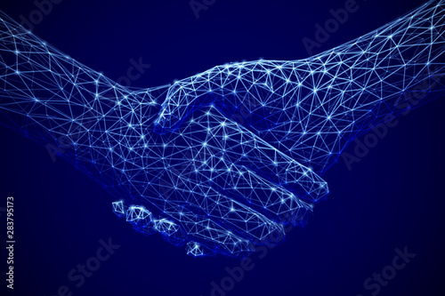 Information technology in business, digital deal or online commerce: digital handshake. Artificial intelligence or global communication. Abstract technology background. EPS 10, vector illustration.