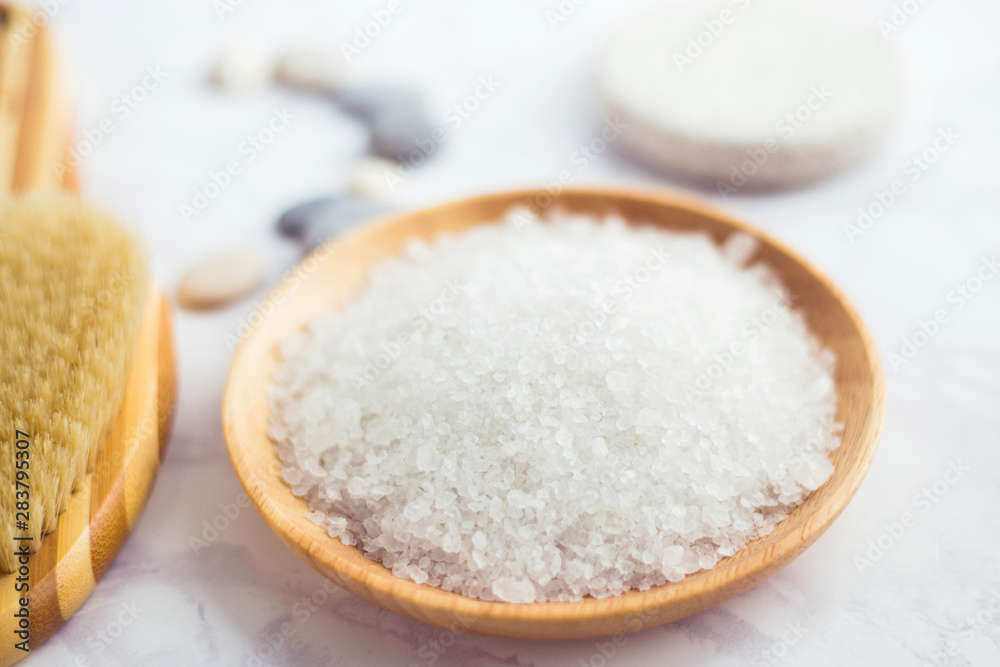 bathroom accessories - massage brush, bath salt and sponge for washing