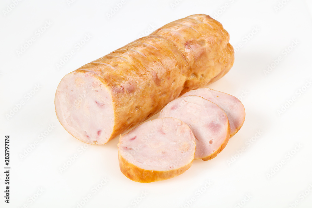 Tasty meat sausages over white background Tasty meat sausages over white background