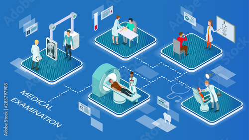 Pictographic of patients undergoing medical examinations in a hospital having scans and x-rays, eye test and dental consultation, blue toned vector illustration