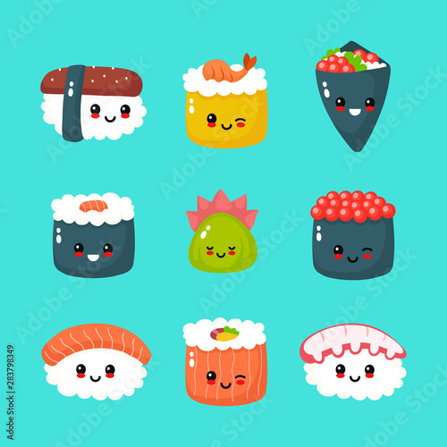 Cute happy funny smiling sushi,roll and sashimi 
