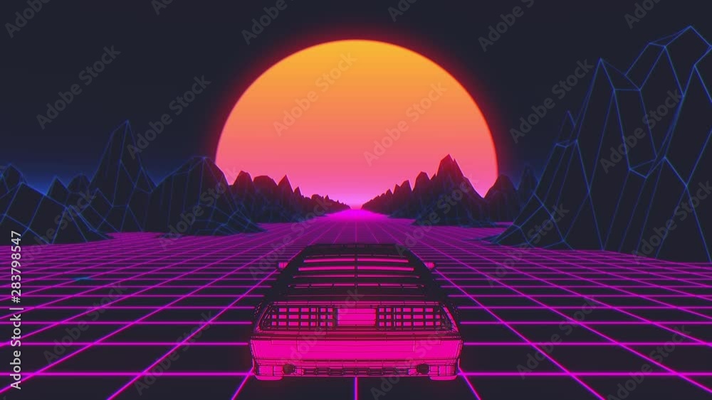 Retro-futuristic 80s style sci-Fi car background. Seamless loop 3D video animation