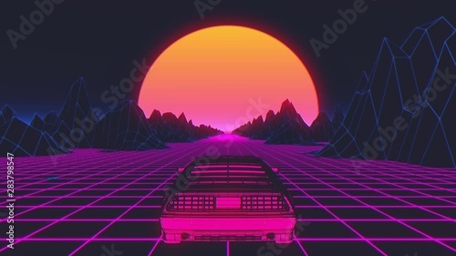 Retro-futuristic 80s style sci-Fi car background. Seamless loop 3D video animation