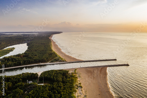 Aerial drone photography of the Baltic sea shoreline. Dziwnowek, Poland.