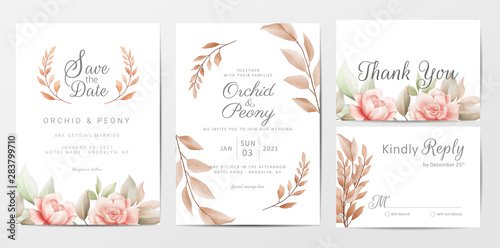 Wedding invitation cards template set with brown floral
