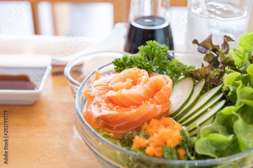 Salmon with fresh vegetables salad, Japanese food.