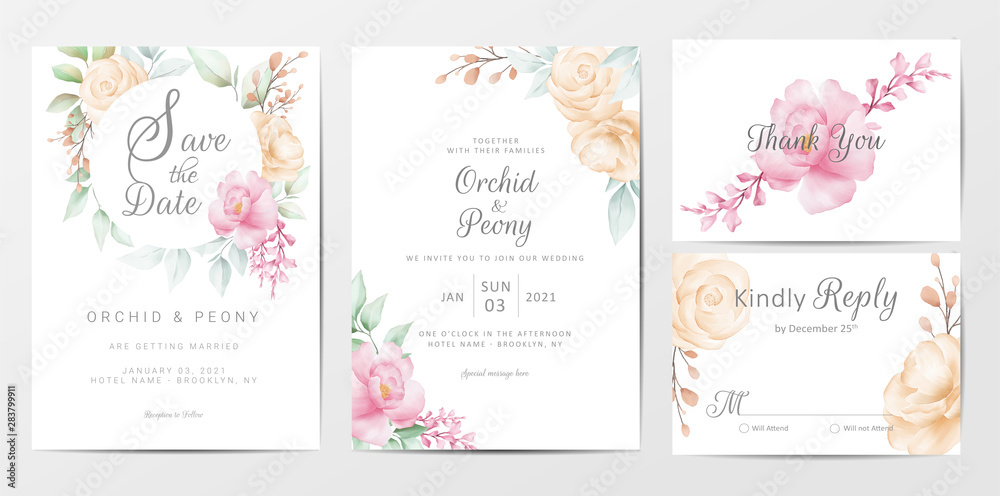 Wedding invitation cards template set of elegant watercolor flowers