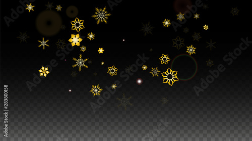 Christmas  Vector Background with Gold Falling Snowflakes Isolated on Transparent Background. Realistic Snow Sparkle Pattern. Snowfall Overlay Print. Winter Sky. Design for Party Invitation.