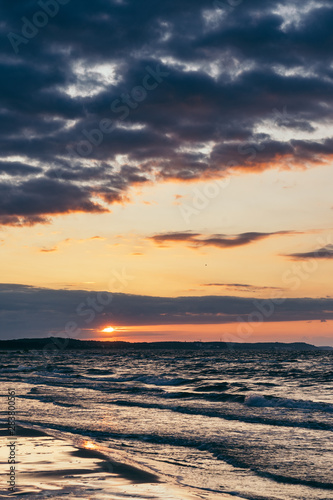 Sunset over the baltic sea coastline. Swinoujscie Ahlbeck  Poland.